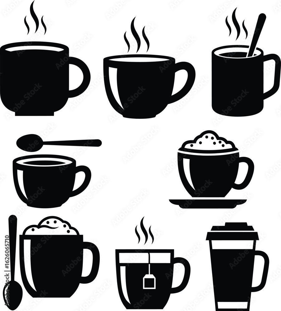 Obraz premium Set of Eight Stylized Coffee Cup Icons — Black and White Illustrations Featuring Steam, Spoons, Tea Bags, and Takeaway Lids to Represent Hot Beverage Rituals and Drinkware Diversity