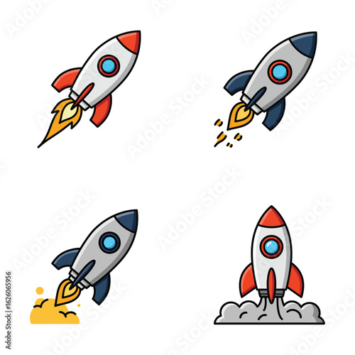 Collection of cartoon rockets in various stages of liftoff and flight with colorful flames and smoke