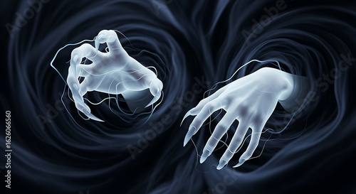 A chilling and surreal image featuring ghostly hands emerging from a deep, inky darkness.
