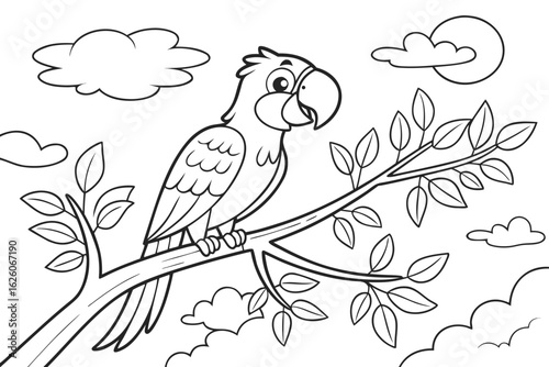 Coloring Pages, cheerful parrot sitting on branch, cartoon style, uncolored line art