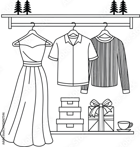 Wardrobe with dress shirts and a long dress on hangers