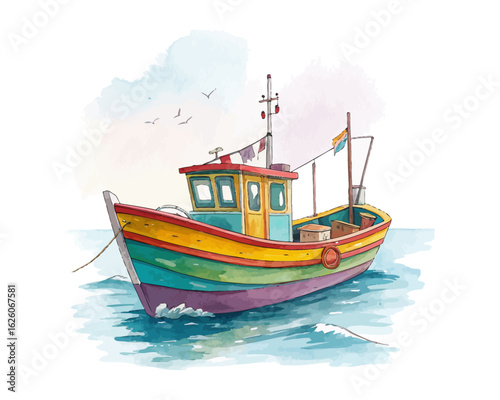 watercolor Fishing Boat vector illustration isolated on white background