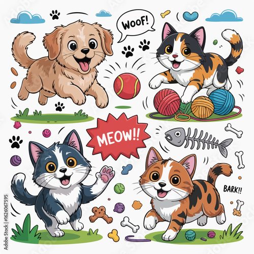 Playful Cartoon Cats and Dogs with Pet-Themed Doodles