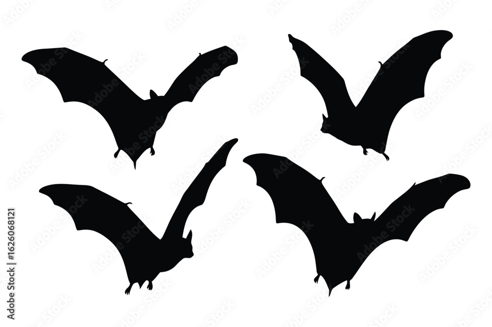 Naklejka premium Vector art of four bat silhouettes isolated on white background, perfect for halloween designs and spooky themes, adding a touch of mystery and darkness