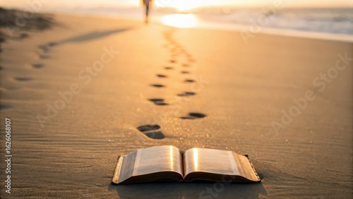 Faded footprints leading to a glowing Bible — guided by faith through time
