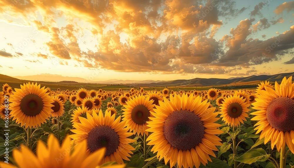 Fototapeta premium Vibrant sunflowers stretch towards the horizon in a golden field under a sky painted with sunset hues
