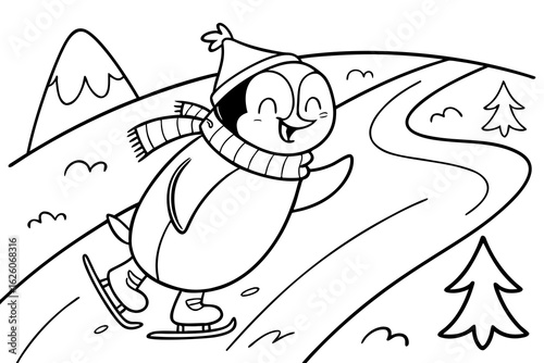 Coloring Pages, cheerful penguin sliding on ice, cartoon style, kids coloring page