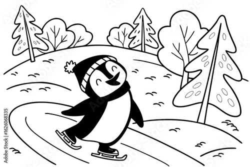 Coloring Pages, cheerful penguin sliding on ice, cartoon style, kids coloring page