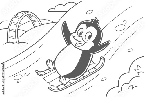 Coloring Pages, cheerful penguin sliding on ice, cartoon style, kids coloring page