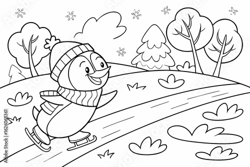 Coloring Pages, cheerful penguin sliding on ice, cartoon style, kids coloring page