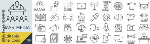 線の編集ができるマスメディアに関するアイコンセット（アウトライン化していない）
