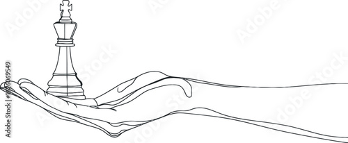 Chess pieces, including the pawn and queen, are illustrated in a modern style using a continuous black line on a white background