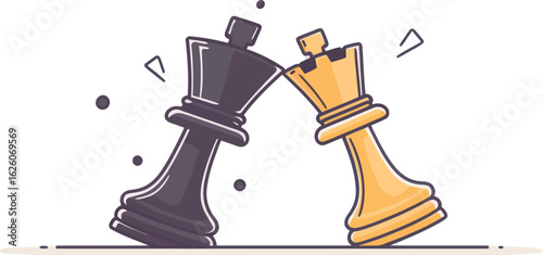 Modern minimalist design concept for a chess game featuring a black bishop versus a white one in a simple line drawing
