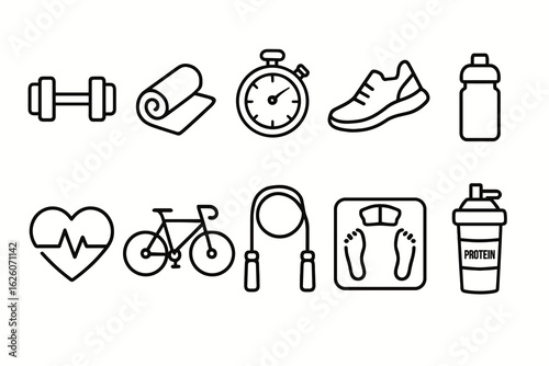 fitness and workout icon set: various exercise equipment and healthy lifestyle elements in black and white 