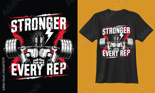 Motivational gym t shirt design featuring dumbbells and the phrase stronger every rep