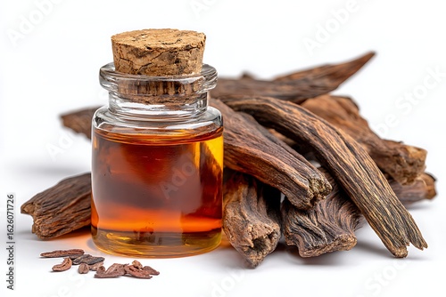 Agarwood Oil in Glass Bottle with Cork Lid and Oud Wood Pieces on White