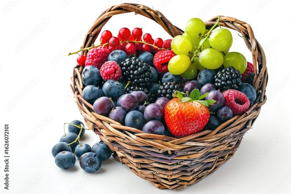 Pixel Perfect Image of Heart Shape Basket Full of Fruits Isolated on White Background Pixel Perfect Image of Heart Shape Basket Full of Fruits Isolated on White Background