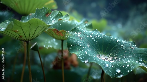 Close-up of water droplets on lotus leaves with sunlight shining through, blurred dark green plants background, tranquil natural still life