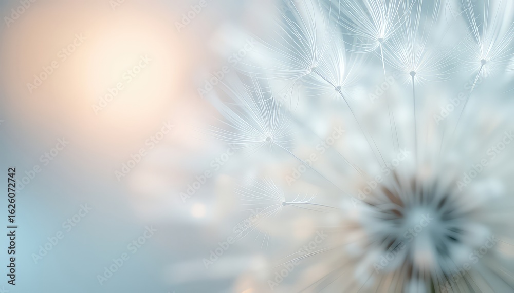 Naklejka premium A Gentle Abstraction Soft, Dreamy Seed Head with Airy Filaments and a Subtle, Pale Color Palette Against a Blurred Background