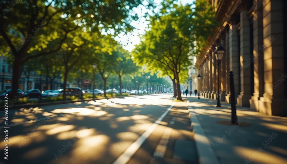 Obraz premium Sunlight dappled street with tall trees and imposing structure, a glimpse of everyday life in a vintage setting