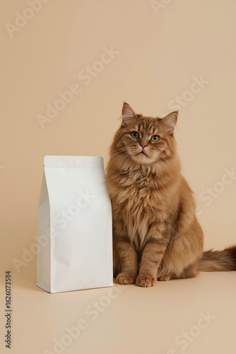 Cat sitting next to food package	