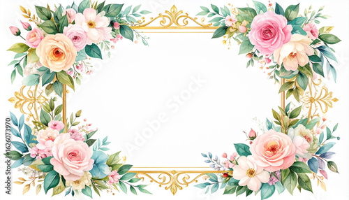 Floral Elegance: An elegant floral frame with delicate roses and leaves, artfully arranged in a symphony of colors, perfect for adding a touch of beauty and sophistication.