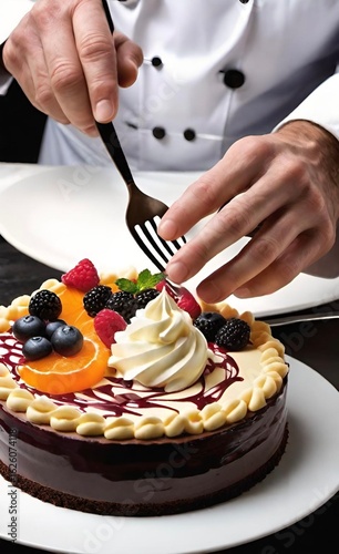 Chef's Hand Adding the Finishing Flourish to Elaborate Desserts