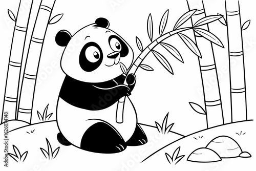 Coloring Pages, chubby panda eating bamboo, cartoon style, black and white