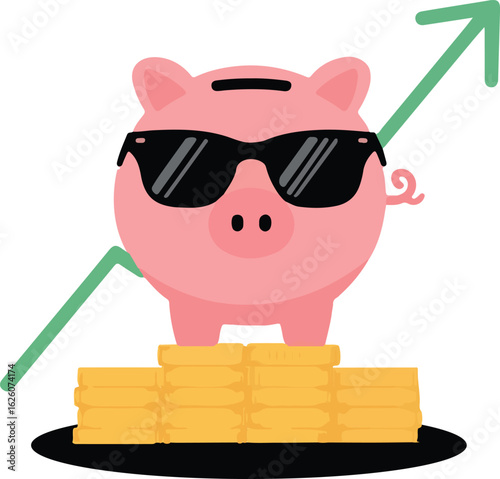 A cool pink piggy bank wearing sunglasses stands on a stack of gold coins with a green growth arrow.