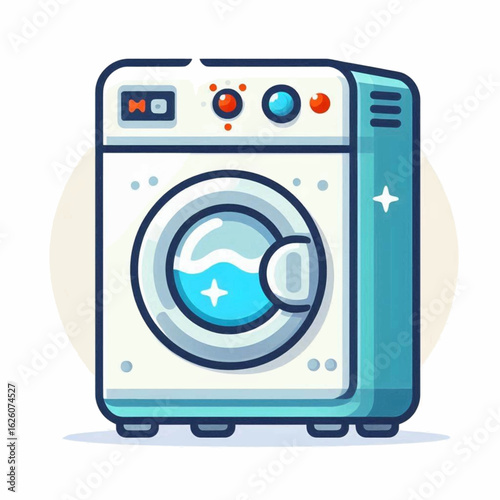 A blue and white cartoon washing machine with a round door full of water and control buttons on top