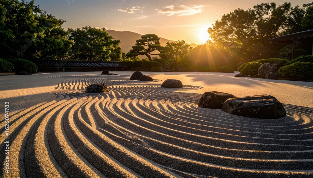 Fototapeta premium Zen Garden Sunset Scene With Sand Patterns And Stones