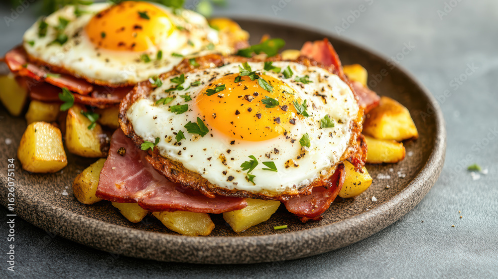 Fried eggs served over crispy potatoes and cured ham, garnished with fresh herbs, create Fried eggs served over crispy potatoes and cured ham, garnished with fresh herbs, create