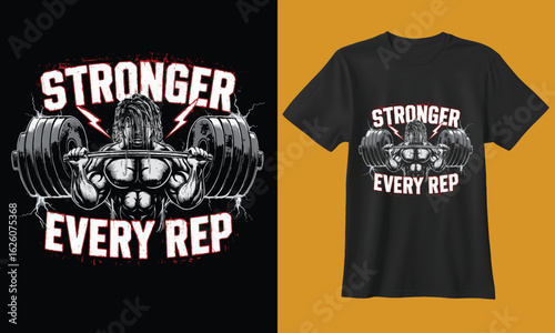 Motivational gym t shirt design featuring dumbbells and the phrase stronger every rep