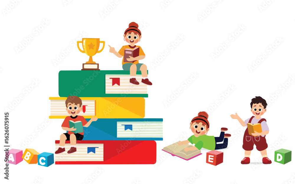 Fototapeta premium little kid reading book together with friend, vector and illustration