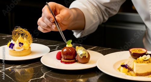 Chef's Hand Adding the Finishing Flourish to Elaborate Desserts