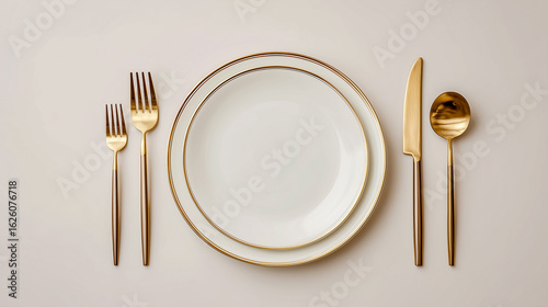 Elegant oval white plate with gold trim and gold cutlery set