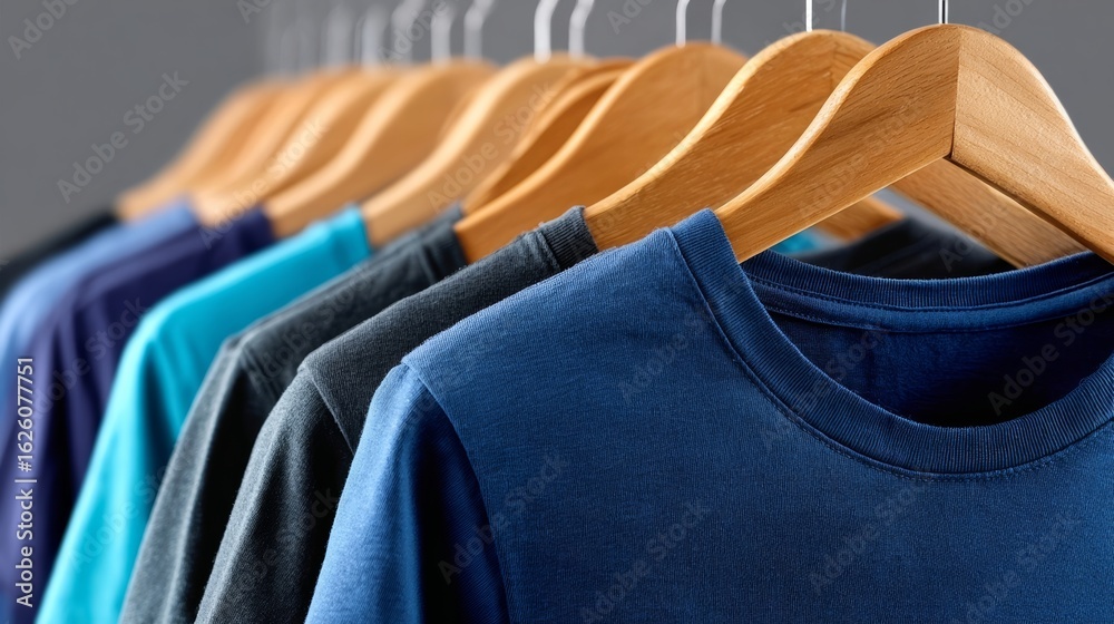 Obraz premium Colorful collection of t-shirts hanging on wooden hangers, showcasing various shades and textures, perfect for fashion retail display and clothing marketing purposes