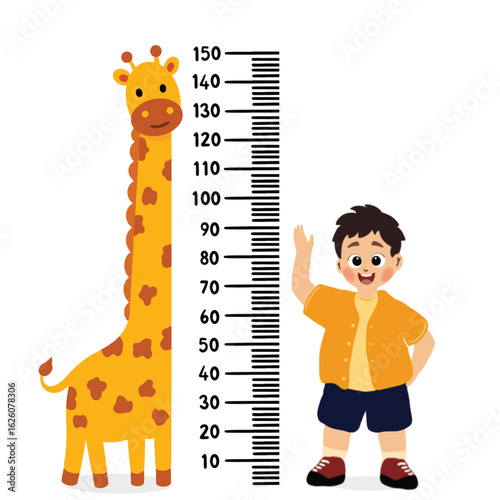 little kid measuring height with ruler, vector and illustration
