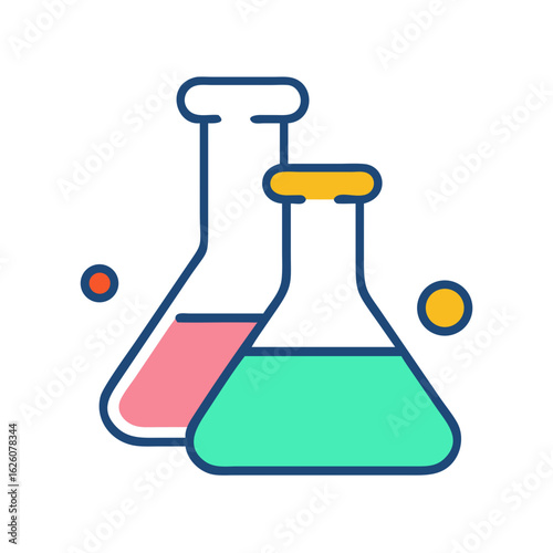 Laboratory flasks with colored liquids in flat design style  