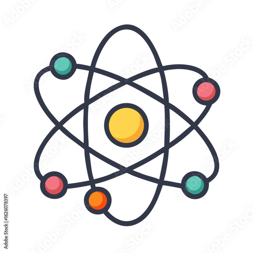 Atomic symbol with orbiting electrons in colorful design  