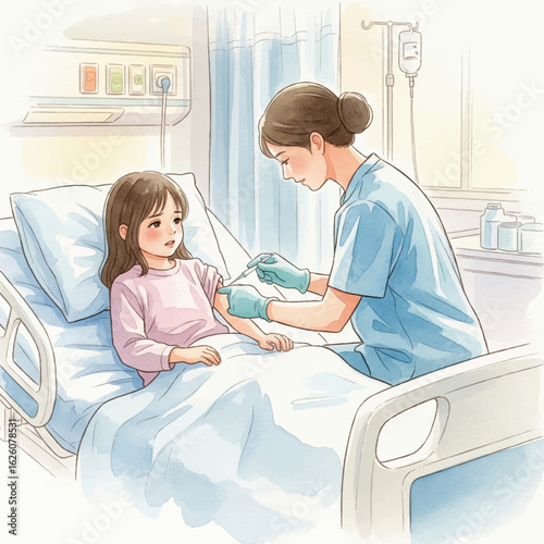 A nurse injecting a kid with medicine in hospital bed- Watercolour Art