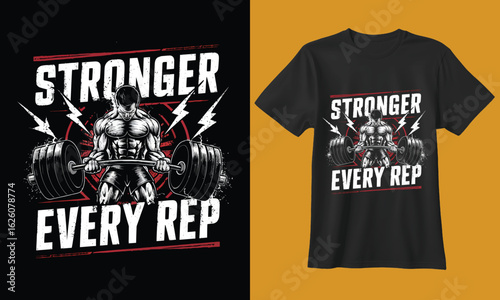 Motivational gym t shirt design featuring dumbbells and the phrase stronger every rep