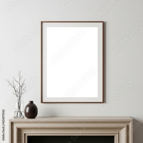 Modern living room with a framed picture above a fireplace