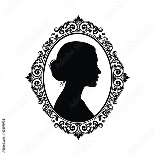 Vector art of elegant woman silhouette cameo portrait in ornate frame isolated on white background for vintage and retro design projects and templates