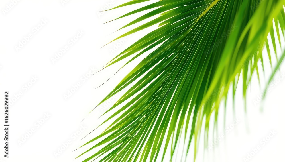 Fototapeta premium Brightly lit image of fresh green palm leaf against a clean white background, presenting a simple and natural aesthetic