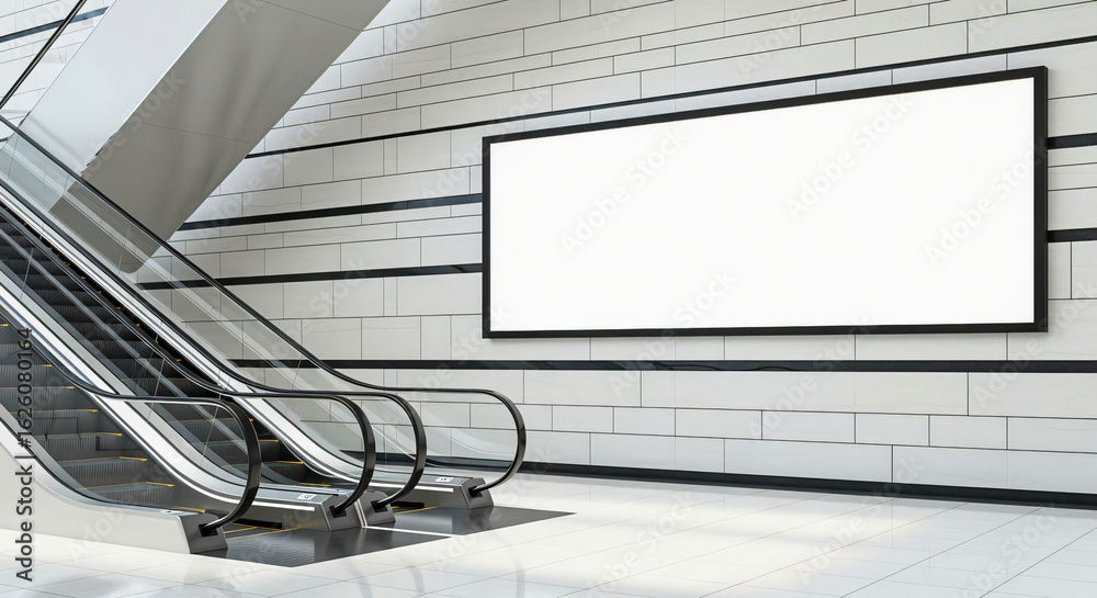 Fototapeta premium Blank Billboard Near Escalator in Modern Subway Station