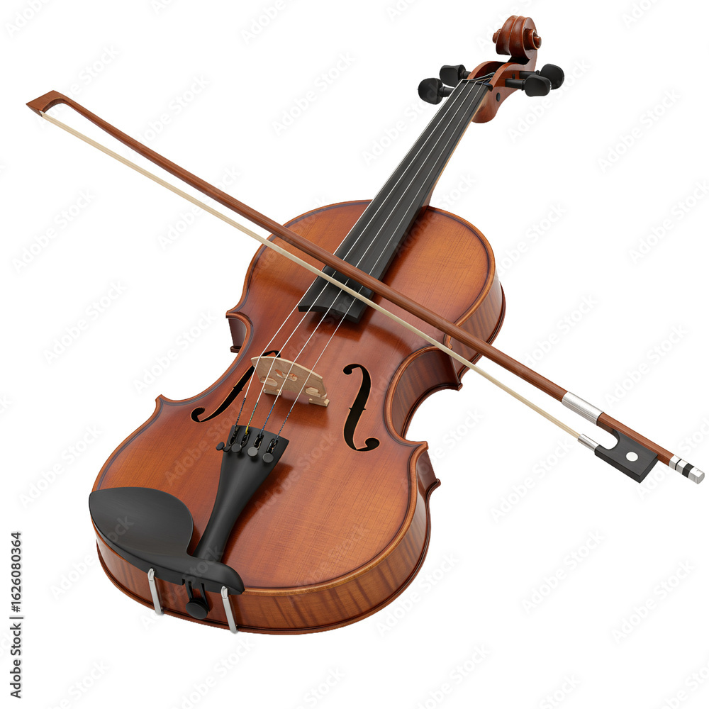 Fototapeta premium A classic wooden violin with a bow resting across its strings presented isolated on a transparent background isolated on transparent background