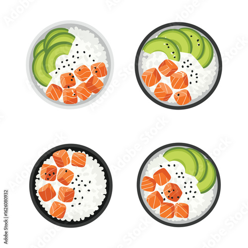 Four overhead views of delicious poke bowls filled with fresh salmon creamy avocado and white rice