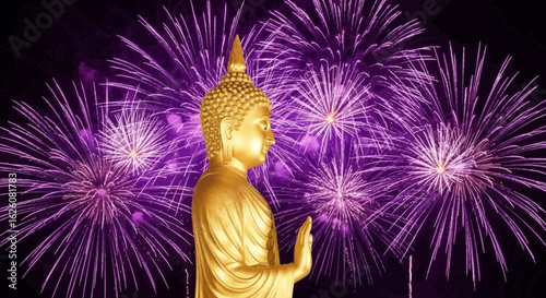 Golden Buddha statue during a festival with vibrant purple fireworks lighting up the night sky.