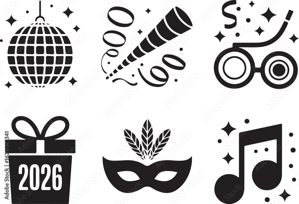 Obraz premium Celebrate New Year 2026 with party icons and festive sparkle